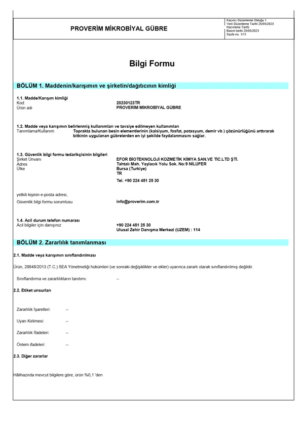 Güvenlik Bilgi Formu kapak sayfası